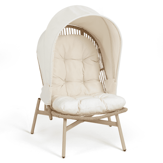 Magshion Rattan Chair with Collapsible Waterproof Canopy, Basket Lounge Egg Chairs with Cushion, Strong Heavy-Duty Steel Frame, for Indoor Outdoor Patio Backyard, Beige