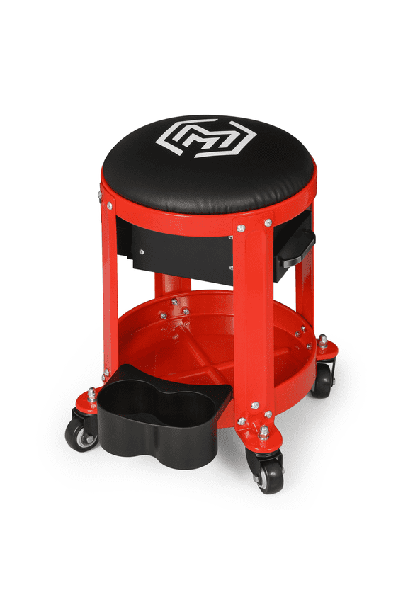 Round Mechanics Roller Seat Creeper Stool With Padded Cushion, Tool Storage Drawer and Tray, 300lbs Weight Capacity, Red