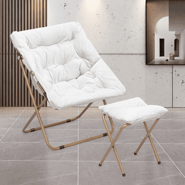 Magshion Saucer Chair and Folding Footrest Stool Set, Soft Faux Fur Oversized Folding Accent Chair, Metal Frame Moon Chair for Bedroom Living Room, White
