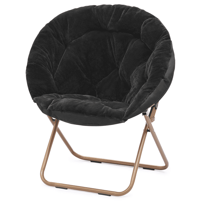 Magshion Saucer Chair Soft Faux Fur Folding Accent Chair, Lounge Lazy Chair Moon Chair Seat with Metal Frame for Bedroom Living Room, Black