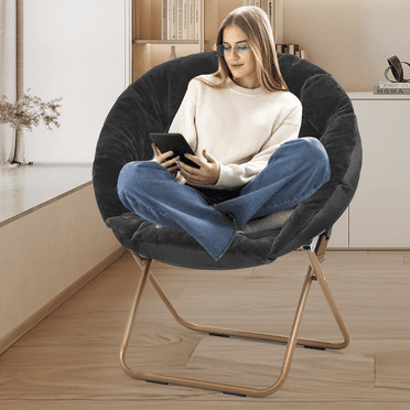 Magshion Saucer Chair Soft Faux Fur Folding Accent Chair, Lounge Lazy Chair Moon Chair Seat with Metal Frame for Bedroom Living Room, Black