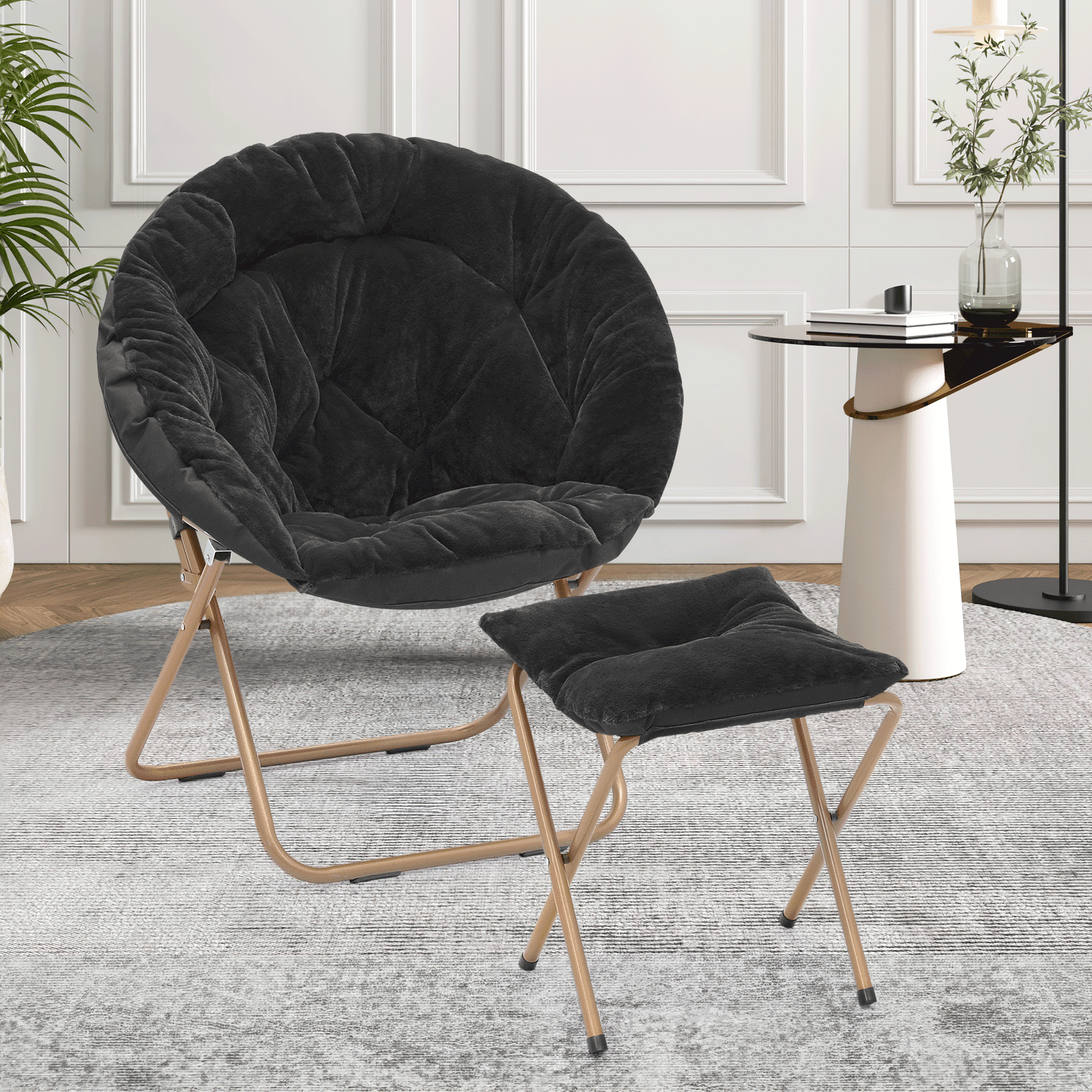 YEXJ Saucer Chair For Teens Adults, Oversized Folding Cozy Moon Chair Black Metal Frame Furry Faux Fur Comfy Lazy Seat Bedroom Living Room Dorm Room Apart