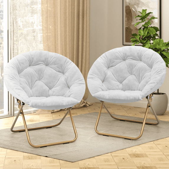 Magshion Set of 2 Saucer Chair Soft Faux Fur Folding Accent Chair, Lounge Lazy Chair Moon Chair Seat with Metal Frame for Bedroom Living Room, White