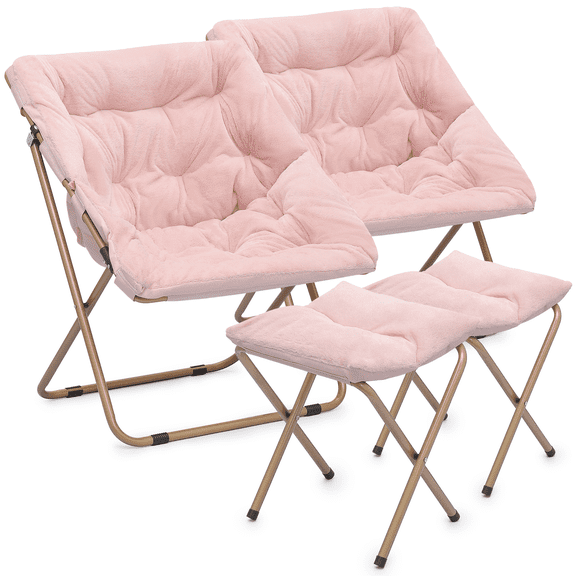 Magshion Set of 2 Folding Saucer Chair with Ottoman, Faux Fur Moon Chair and Footrest with Metal Frame, Foldable Lounge Chair and Foot Stool Set, Pink