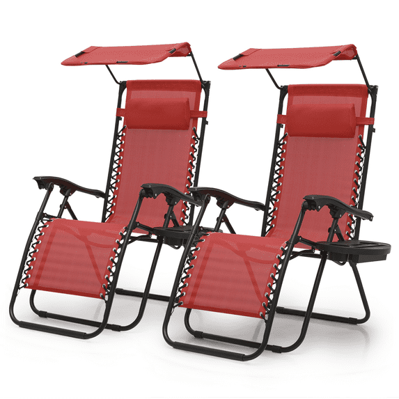 Magshion Zero Gravity Chair with Canopy Set of 2, Reclining Folding Outdoor Lounge Chair with Side Tray and Pillow, Maroon