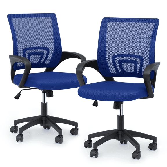 Magshion Set of 2 Office Chairs Mid Back Swivel Desk Chairs, Height Adjustable Ergonomic Mesh Computer Chairs with Armrest & Lumbar Support, Navy Blue