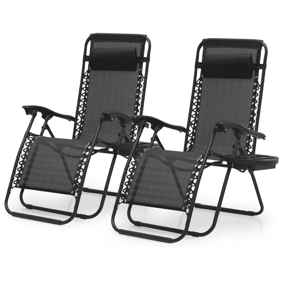 Magshion Set of 2 Outdoor Chaise Lounger Chair Set, Folding Reclining Zero Gravity Chair with Cup Holder and Headrest for Patio, Yard, Beach, Pool, Black