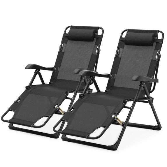 Magshion Set of 2 Outdoor Zero Gravity Folding Reclining Lounge Chair with Removable Pillow, Indoor Office Recliner Sleeping Bed, 95-180° Adjustable, Black