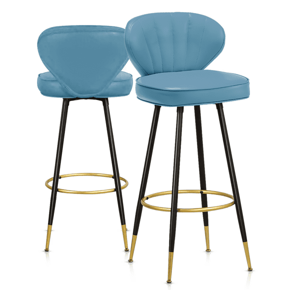 Magshion Set of 2 PU Leather Counter Height Bar Stools with Shell Back, Low Back Chairs Cushion Padded Seat for Kitchen Home Bar Pub Living Room Dining Room, Blue