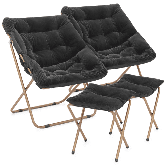 Magshion Set of 2 Saucer Chair with Ottoman, Faux Fur Folding Chair and Footrest Set with Metal Frame, Foldable Lounge Chair and Foot Stool Set, Black