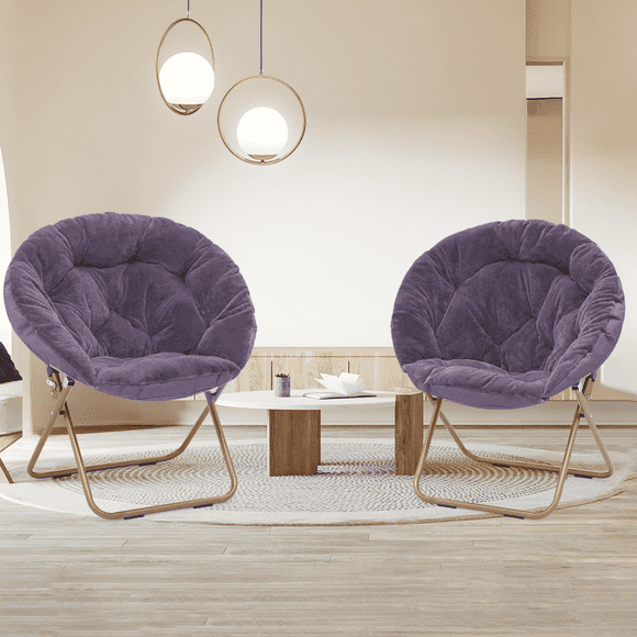 Magshion Set of 2 X-Large Faux Fur Saucer Chair, Folding Accent Chair, Collapsible Moon Chair Seat with Metal Frame for Bedroom Dorm Living Room, Purple