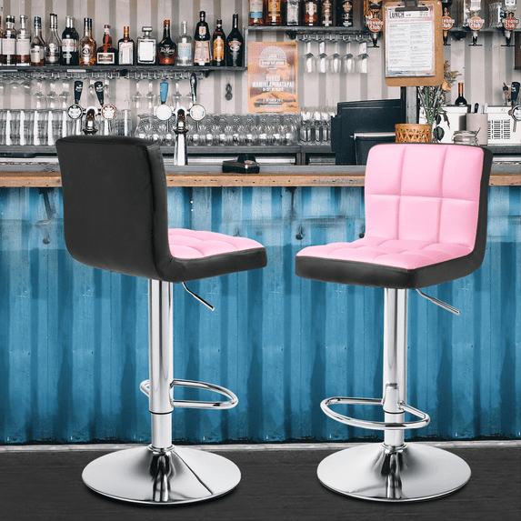Magshion Set of 2 Adjustable Height Bar Stools with Square Stitch Back and Chrome Base Kitchen Counter Stools, Pink/Black