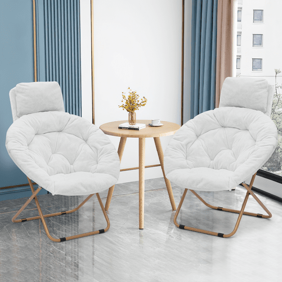 Magshion Set of 2 Cozy Chairs with Pillow, Modern Comfy Folding Lounge Saucer Chair Moon Chair for Home Bedroom, White