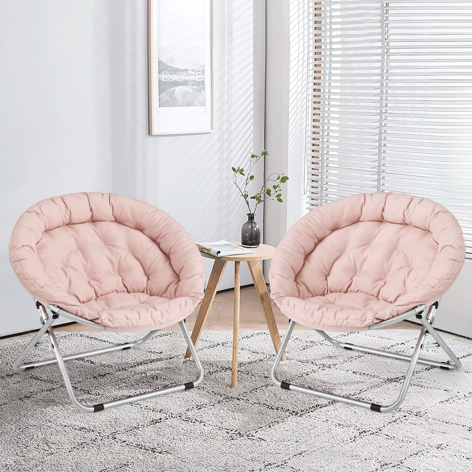 Magshion Set of 2 Folding Saucer Chair, 600D Oxford Cozy Chair for Living Room Bedroom, Foldable Lounge Chair,Light Pink