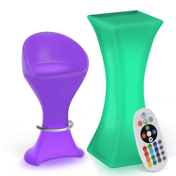 Magshion Set of 2 LED Light Up Bar Table + Stool, 16 Color Changing Rechargeable Square Table and Barstool with Remote Control & Footrest