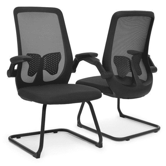 Magshion Set of 2 Office Chair, Ergonomic Conference Seat with Lumbar Support & Flip-Up Arms for Guest Reception, Black