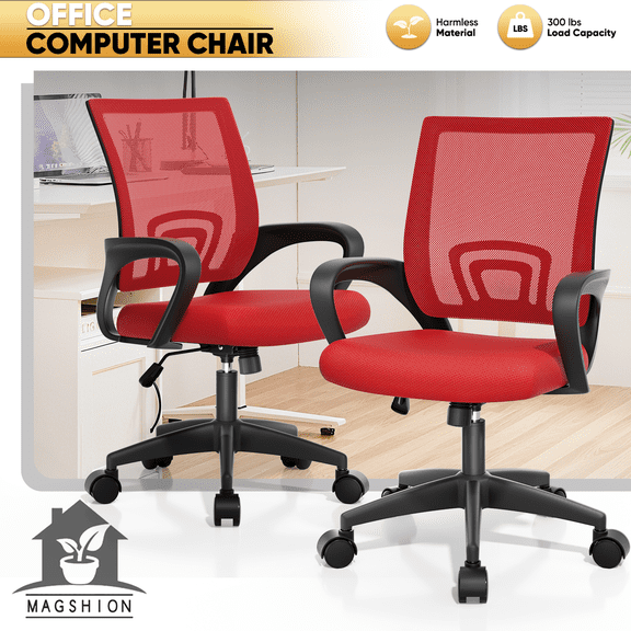 Magshion Set of 2 Mesh Office Chair Desk Chair, Mid Back Ergonomic Adjustable Height Rolling Swivel Computer Chair with Lumbar Support, Red