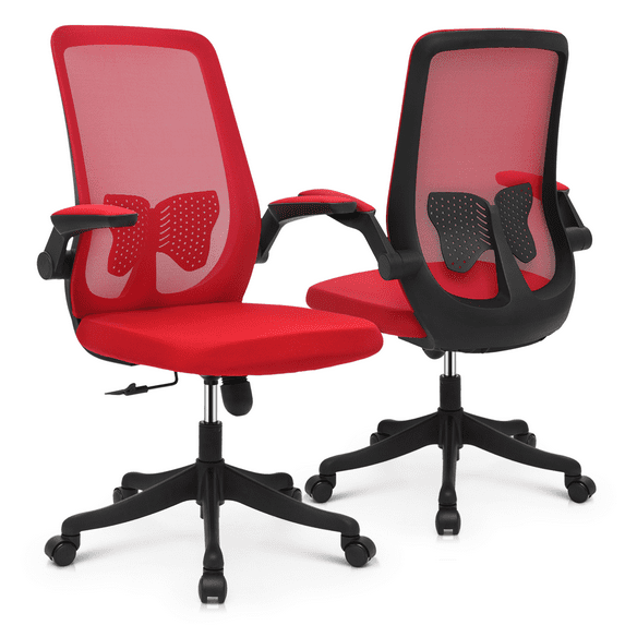Magshion Set of 2 Office Task Chair, Ergonomic Adjustable Reception Seat with Backrest Flip-Up Arms Lumbar Support, Red
