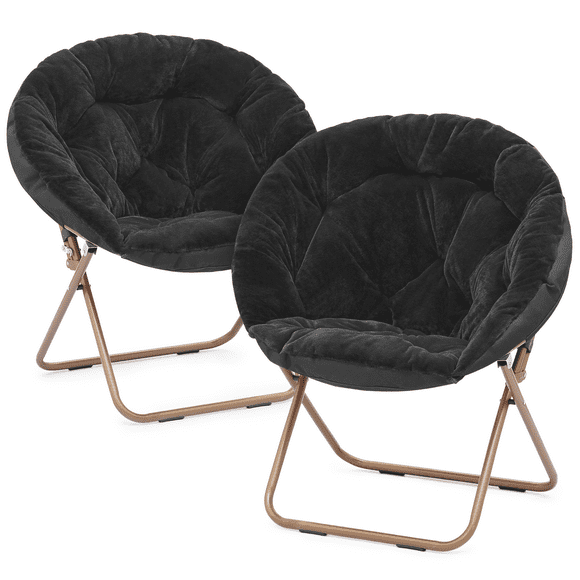 Magshion Set of 2 Saucer Chair Soft Faux Fur Folding Accent Chair, Lounge Lazy Chair Moon Chair Seat with Metal Frame for Bedroom Living Room, Black