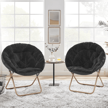 Magshion Set of 2 Saucer Chair Soft Faux Fur Folding Accent Chair, Lounge Lazy Chair Moon Chair Seat with Metal Frame for Bedroom Living Room, Black