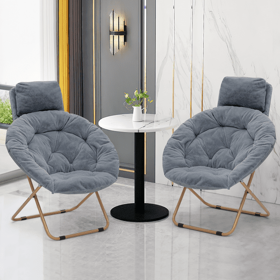 Magshion Set of 2 Saucer Chairs with Pillow, Faux Fur Folding Accent Chairs with Metal Frame, Moon Chair for Bedroom Living Room, Gray