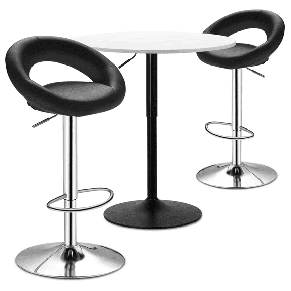 Magshion Set of 3 Bar Table and Chair Set, 31.5" Round Cocktail Table and Bar Stools PU Leather with Arms for Entertainment Rooms, Black/White