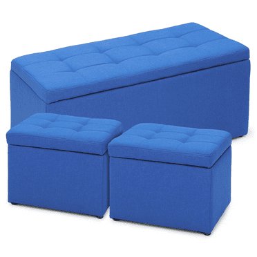 Magshion Set of 3 Tufted Storage Ottoman, Entryway Microfiber Shoe Bench, Livingroom Lift Top Pouffe Storage Cube Footstool, Navy Blue