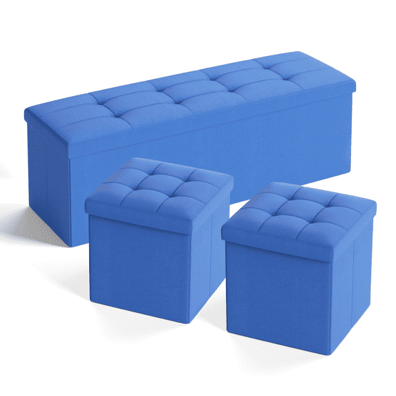 Magshion Set of 3 Tufted Storage Ottoman, Entryway Microfiber Shoe Bench, Livingroom Lift Top Pouffe Storage Cube Footstool, Navy Blue