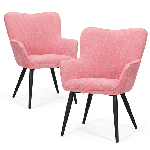 Magshion Shell Shape Accent Chair Set of 2, Armchair with Metal Leg, Upholstered Cotton-linen Single Sofa Chair, for Living Room Bedroom, Soft Pink
