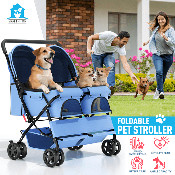Magshion Side-by-Side Double Dog Stroller for 2 Small Pets, Foldable with Breathable Mesh, Storage Basket & Swivel Wheels, Blue