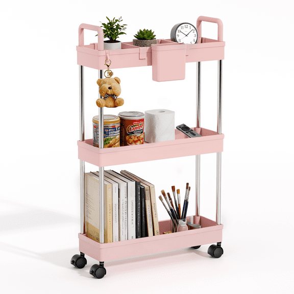 Magshion Slim Rolling Cart, 3-Tier Plastic Utility Cart, Storage Cart Easy Assemble for Bathroom, Kitchen, Warehouse, Pink