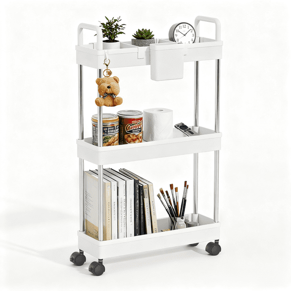 Magshion Slim Rolling Cart, 3-Tier Plastic Utility Cart, Storage Cart Easy Assemble for Bathroom, Kitchen, Warehouse, White