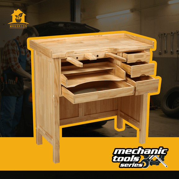 Magshion Solid Rubber Wood Workbench, 38.97" x 19.68" x 38.97", Featuring 5-Step Drawer Design for Garage, Workshop, Home and Office Use
