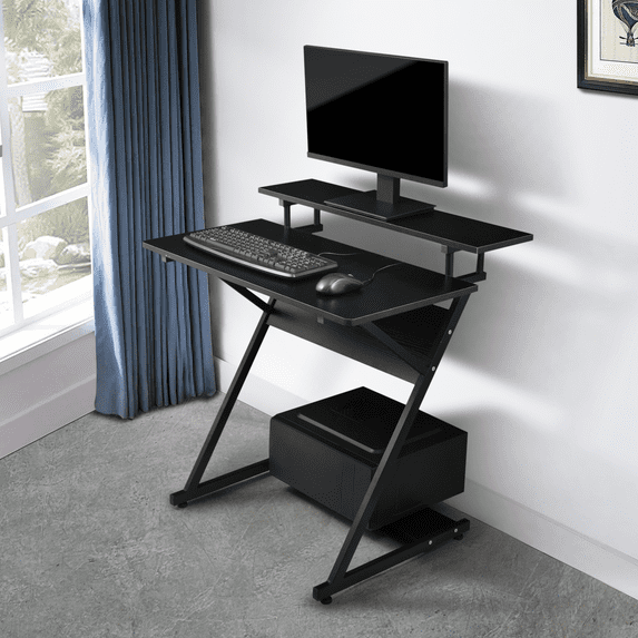 Magshion Standing Modern Computer Desk, Portable Laptop Table with Monitor Storage Shelf & Host Rack for Office, Black