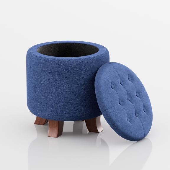 Magshion Storage Ottoman with Padded Seat, Modern Cotton-linen Footrest, Round Seat stool for Living Room Bedroom , Navy Blue
