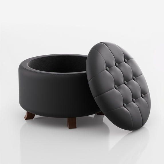 Magshion Storage Ottoman with Padded Seat, Modern PU Leather Footrest, Round Seat stool for Living Room Bedroom , Black