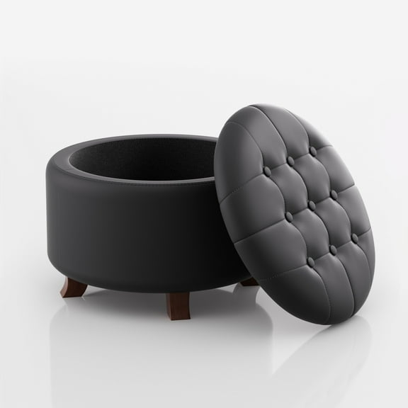 Magshion Storage Ottoman with Padded Seat, Modern PU Leather Footrest, Round Seat stool for Living Room Bedroom , Black