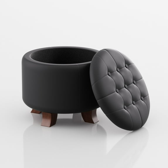 Magshion Storage Ottoman with Padded Seat, Modern PU Leather Footrest, Round Seat stool for Living Room Bedroom , Black