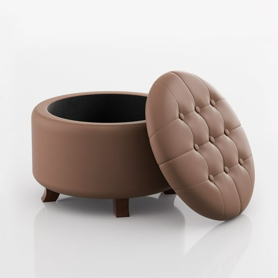 Magshion Storage Ottoman with Padded Seat, Modern PU Leather Footrest, Round Seat stool for Living Room Bedroom , Brown