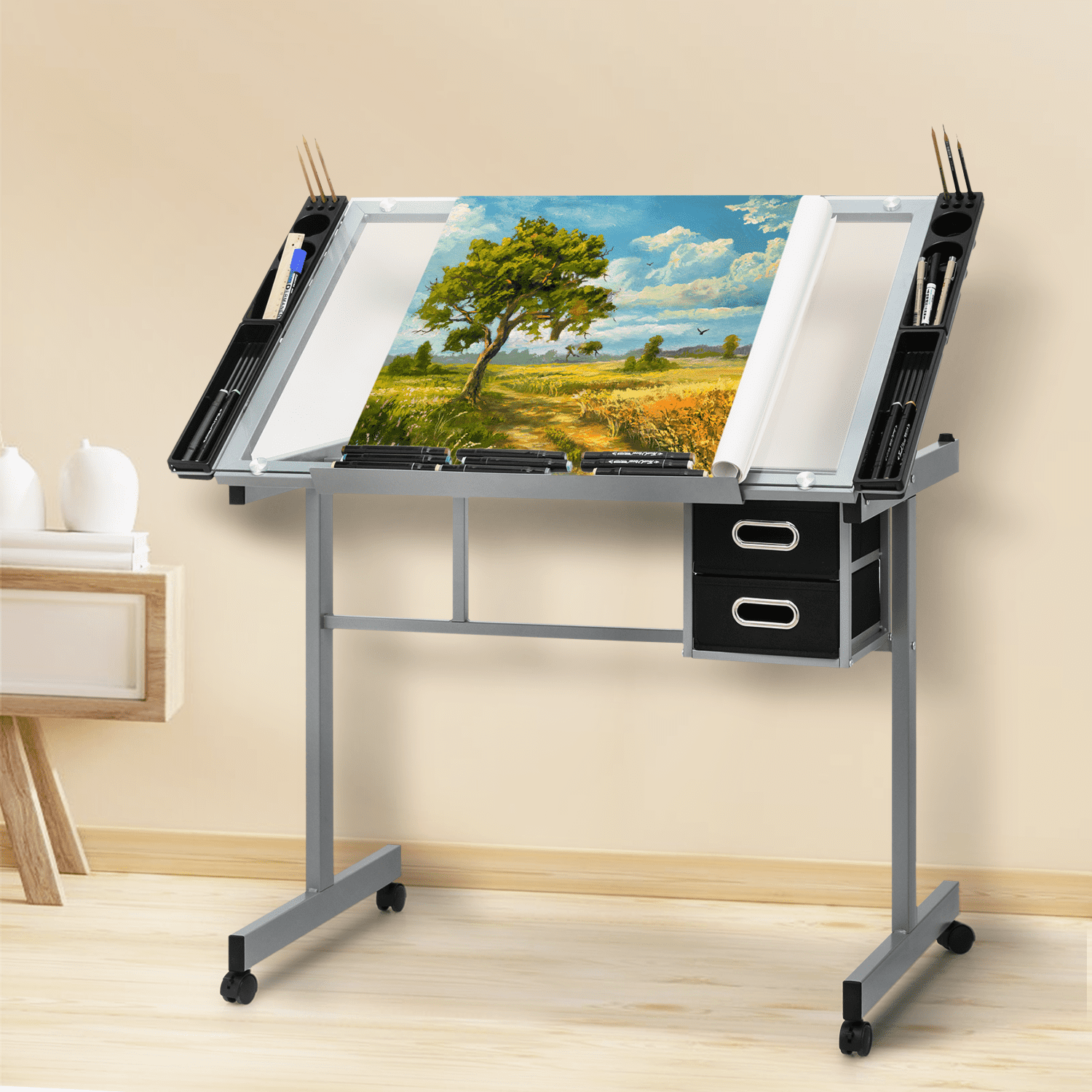 Drafting Table Set Magshion Tempered Glass Adjustable Height Drafting Table with Dual ...