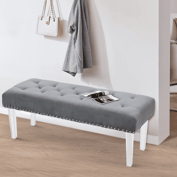 Magshion Tufted Velvet Ottoman, Entryway Wooden Stand Upholstered Seat Shoe Stool, Bedroom End of Bed Bench, Home Microfiber Fabric Footstool, Grey