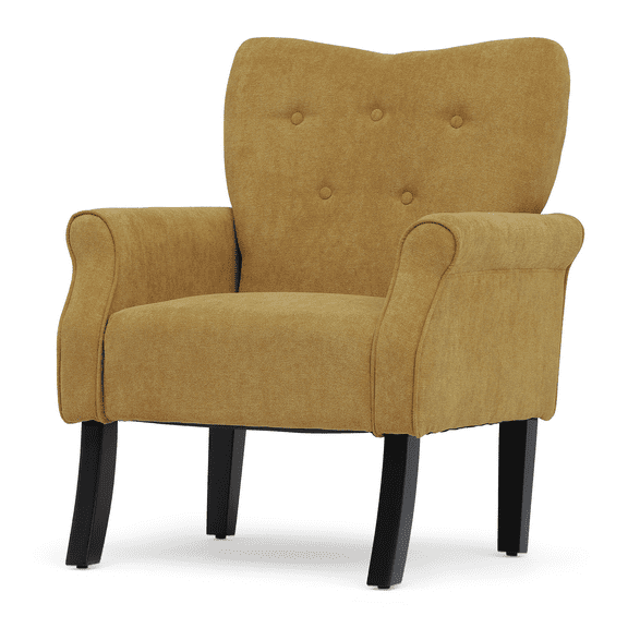 Magshion Upholstered Armchair, Accent Chair with Wood Leg, Cotton-linen Single Sofa Chair with Tufted Back, for Living Room Bedroom, Dark Yellow