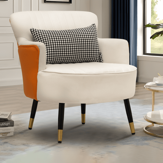 Magshion Upholstered Armchair, Modern Accent Chairs, Single Sofa Chair with Pillow, for Living Room Bedroom White/Orange