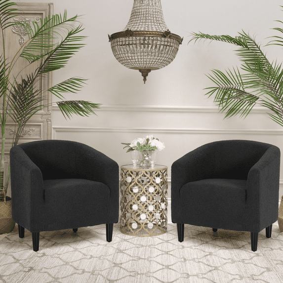 Magshion Upholstered Barrel Chair Set of 2, Modern Boucle Chair Accent Chair, Sherpa Fabric Single Sofa Chair with Soft Padded, for Living Room Bedroom, Black