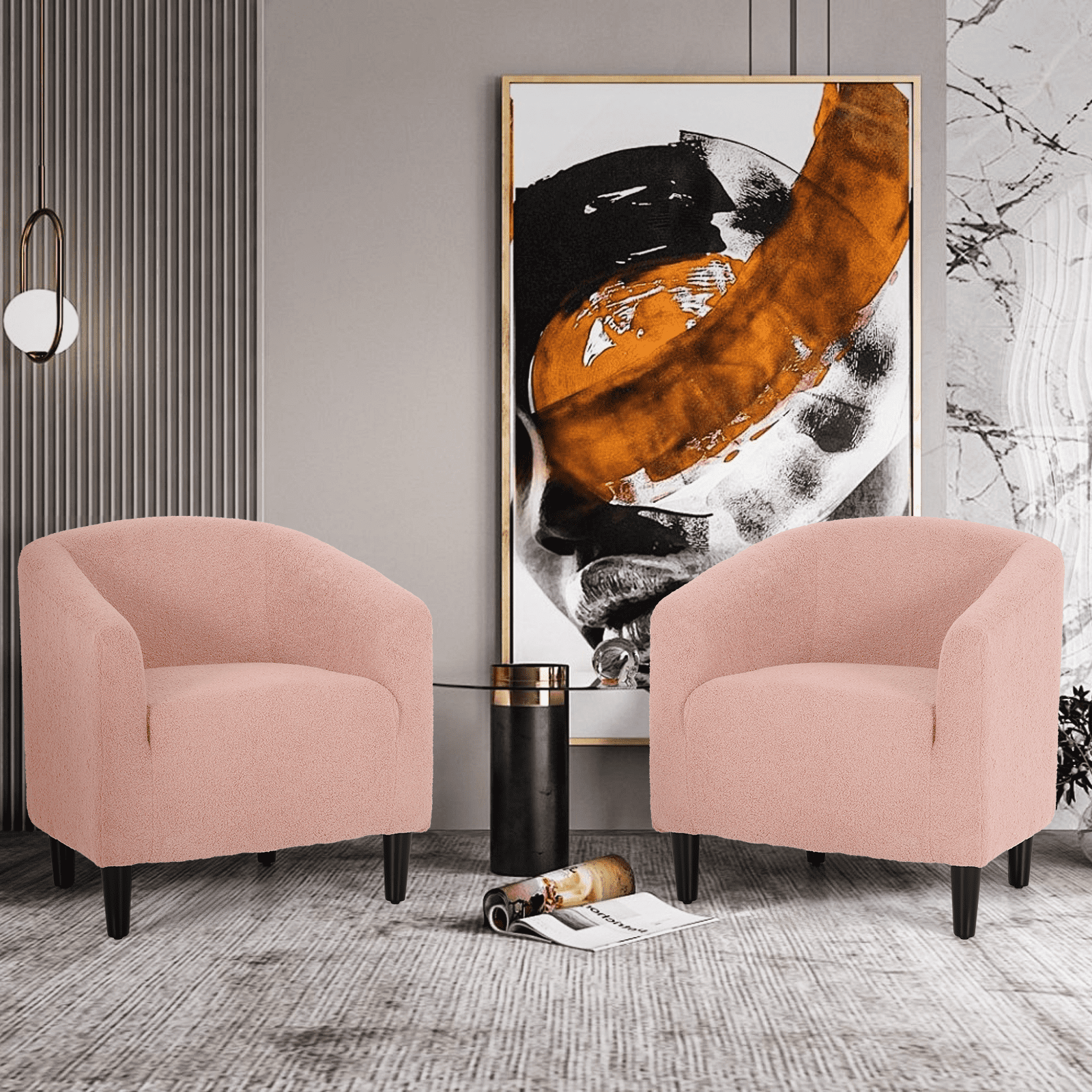 Magshion Upholstered Barrel Chair Set of 2, Modern Boucle Chair Accent Chair, Sherpa Fabric Single Sofa Chair with Soft Padded, for Living Room Bedroom, Soft Pink