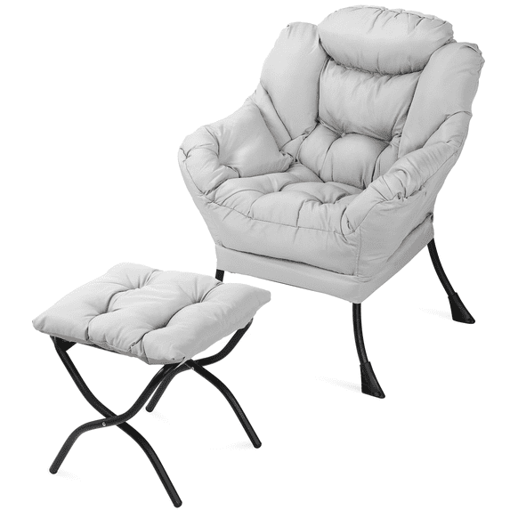 Magshion Water-resistant Cotton Lazy Chair, Modern Upholstered Single Sofa with Ottoman, Removable Cover Accent Lounge Chair for Living Room, Gray