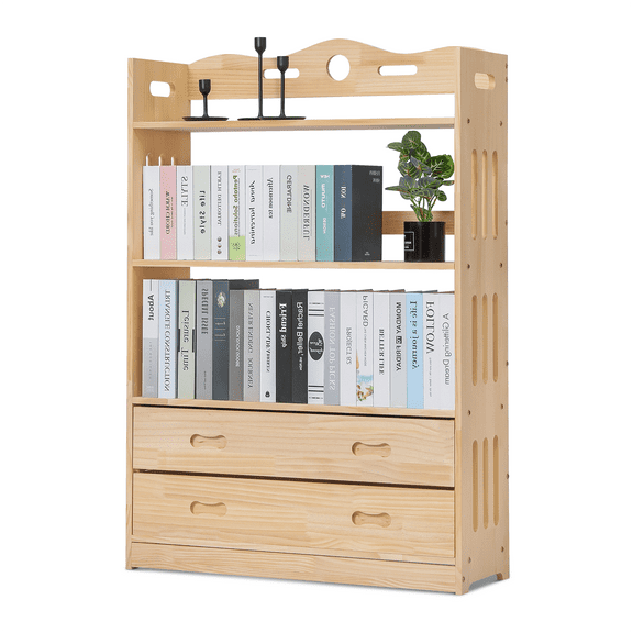 Magshion Wood 4 Tiers 2 Drawers Bookshelf, Books Toys Organizer Bookcase, Natural, for Home