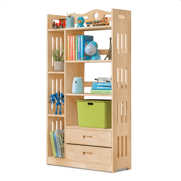 Magshion Wood 5 Tiers 2 Drawers Bookcase, Display Storage Bookshelf, Natural, for Living Room
