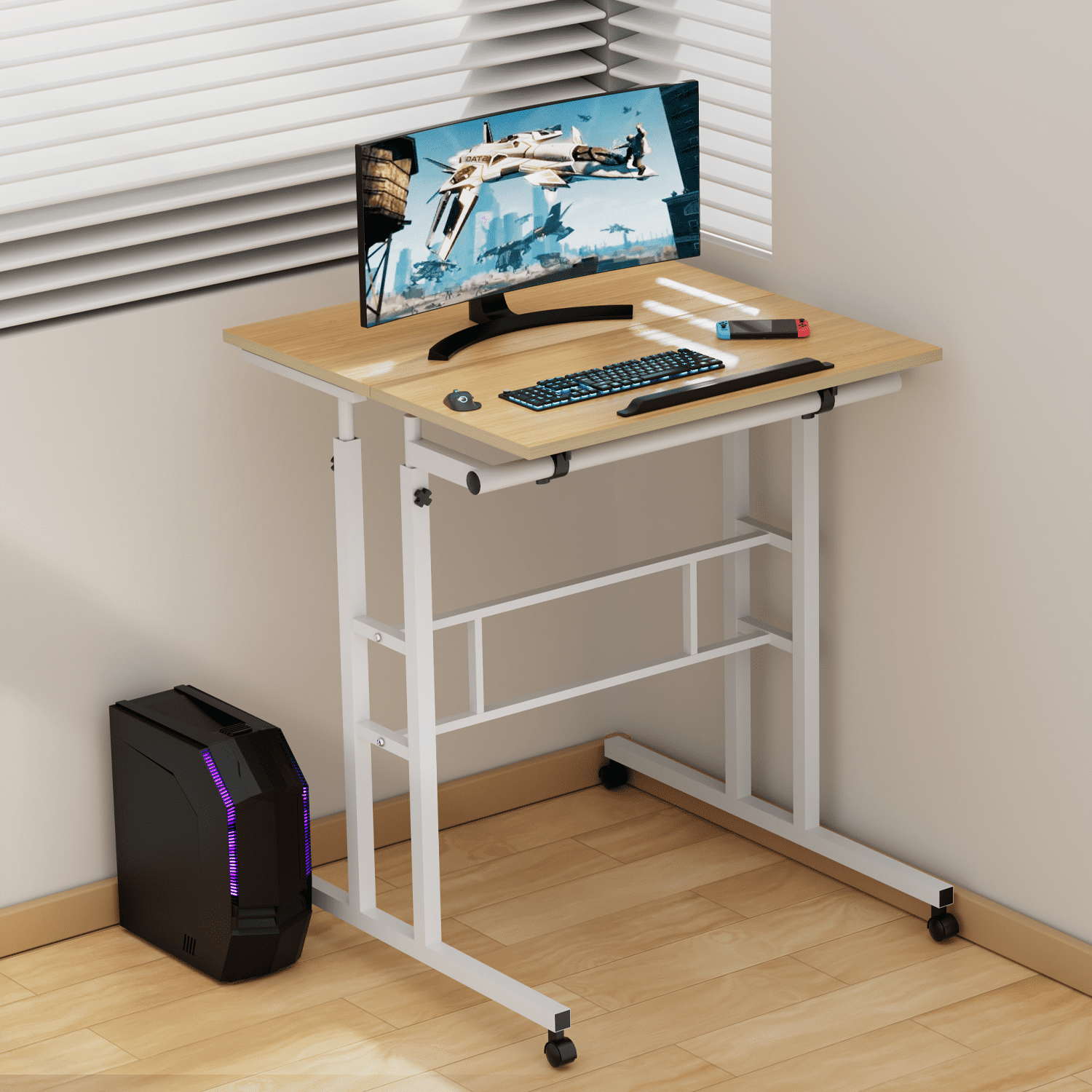 Magshion Workstation, Adjustable Height Standing Desk, Rolling Computer Desk with Monitor Shelf for Home, Natural