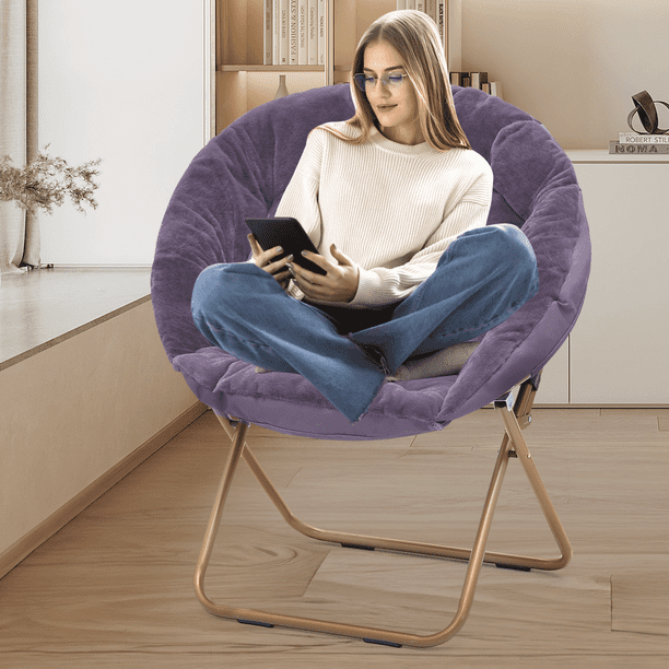 Magshion X Large Faux Fur Saucer Chair Folding Accent Chair Collapsible Moon Chair Seat with Metal Frame for Bedroom Dorm Living Room Purple